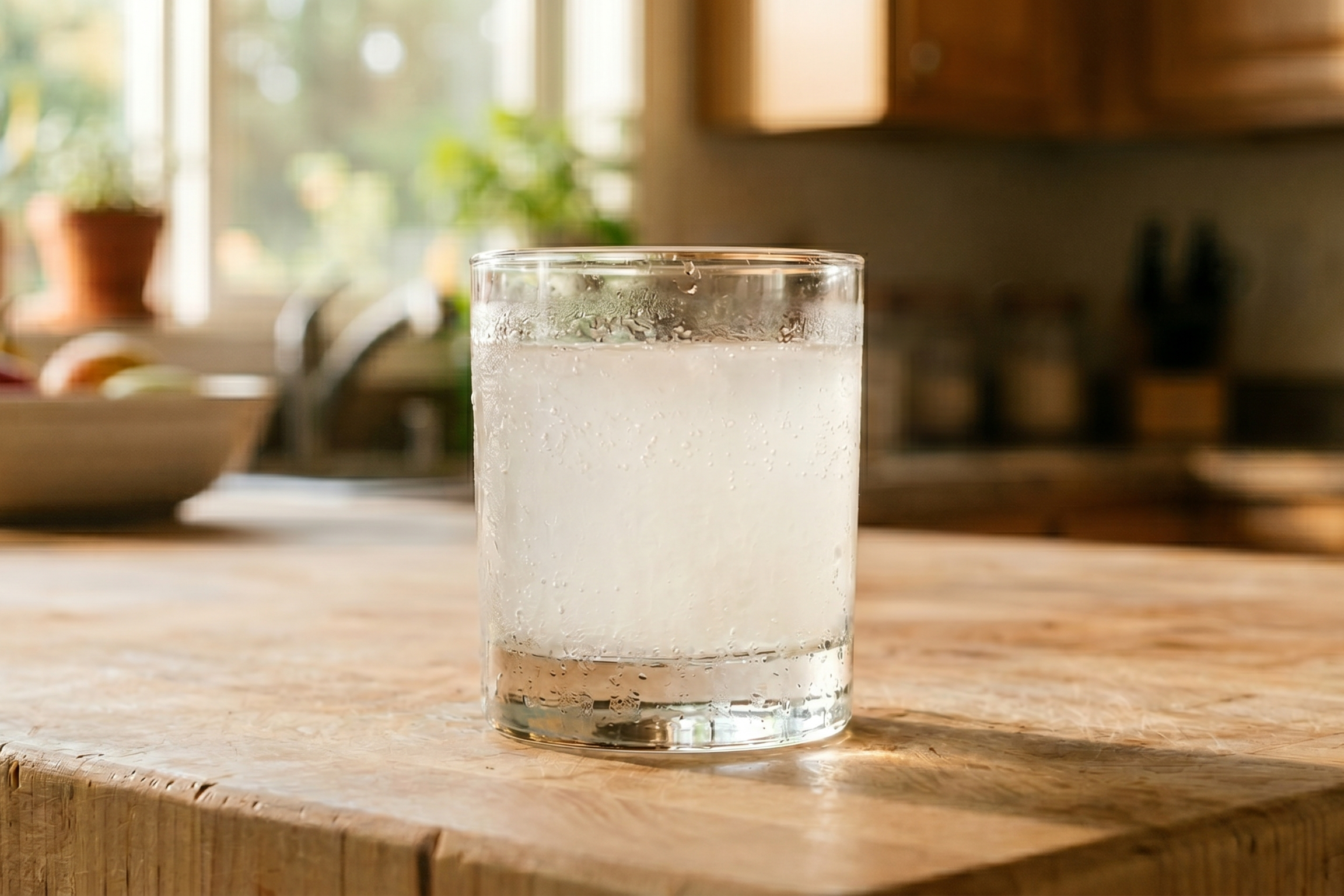 Clear glass of water on a wooden kitchen counter with a blurred background
